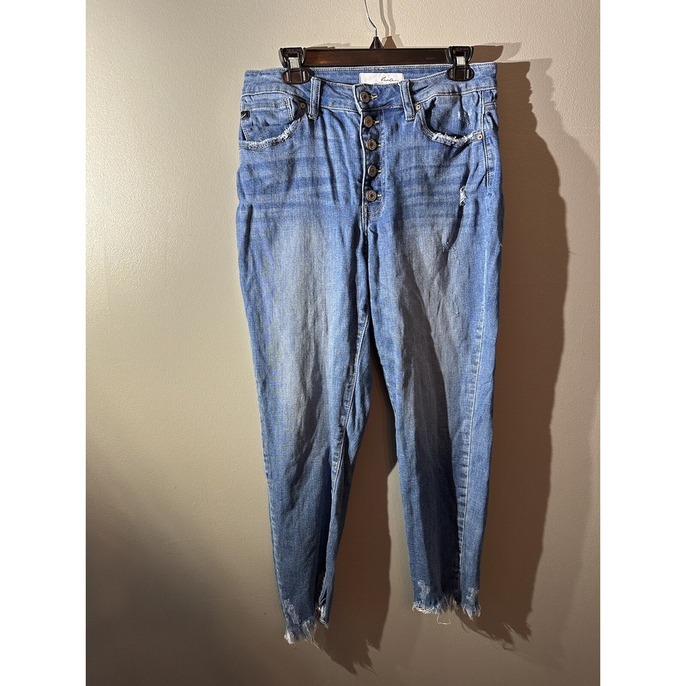 KanCan Jeans Womens Button Fly Hi Rise Light Wash Distressed Frayed Hem Size 11